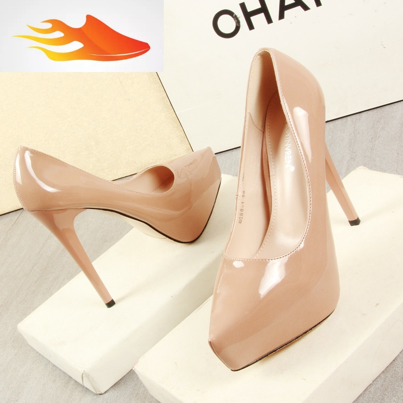 fishbasket13厘米尖头高跟鞋春秋时尚细跟漆皮黑色裸色浅口防水台高跟