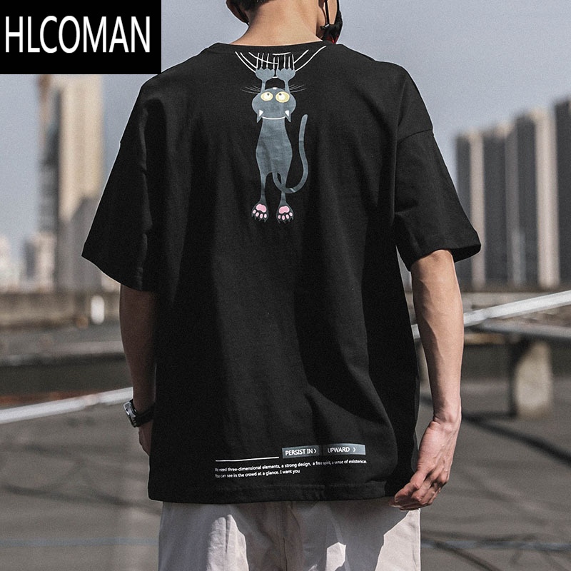 HLCOMAN夏季上衣猫咪印花T恤男短袖潮牌宽松百搭半袖情侣ins体恤