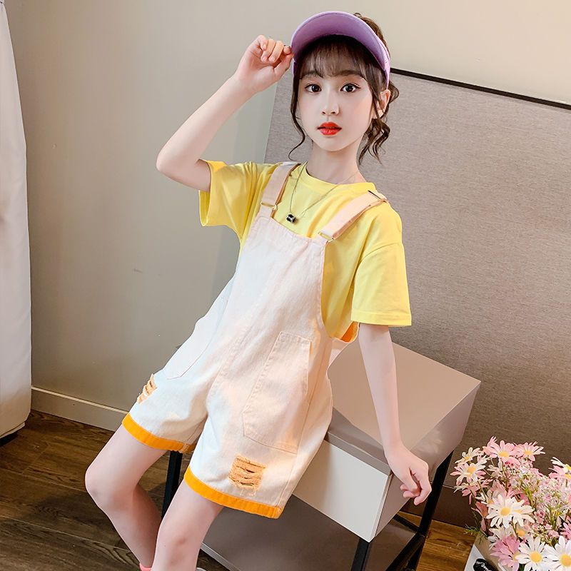 女童夏装背带裤薄款韩版洋气新款儿童背带短裤短袖两件套装潮