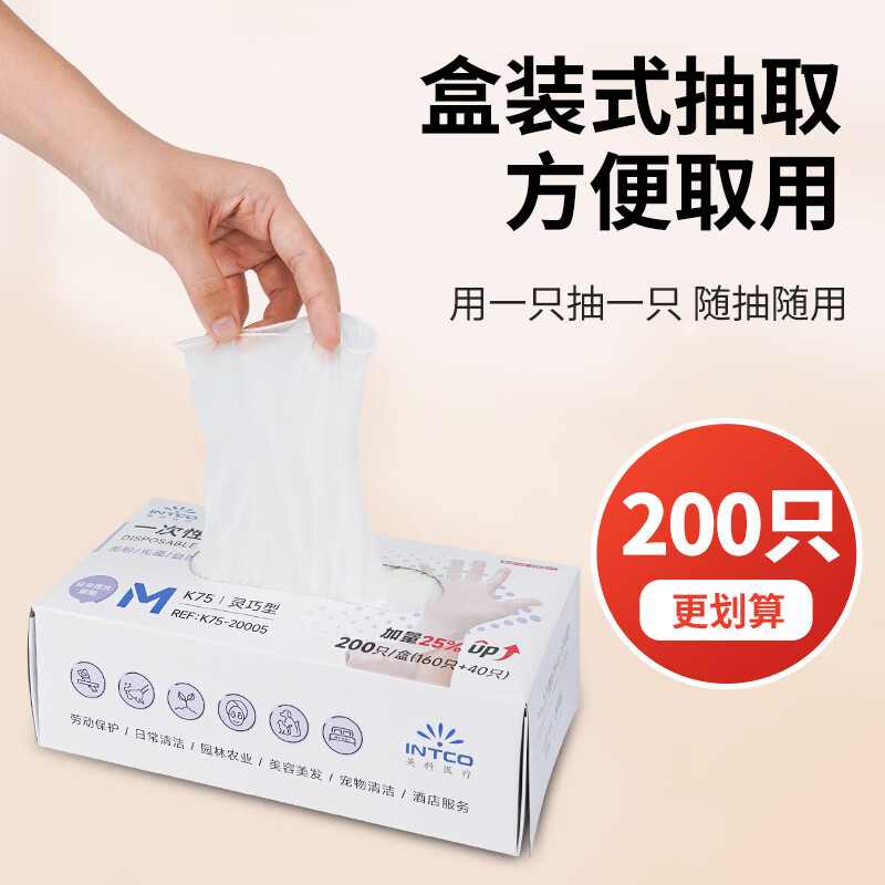 英科医疗(INTCO)一次性手套PVC手套200只中码厨房餐饮家务清洁防水橡胶洗碗手套高清大图