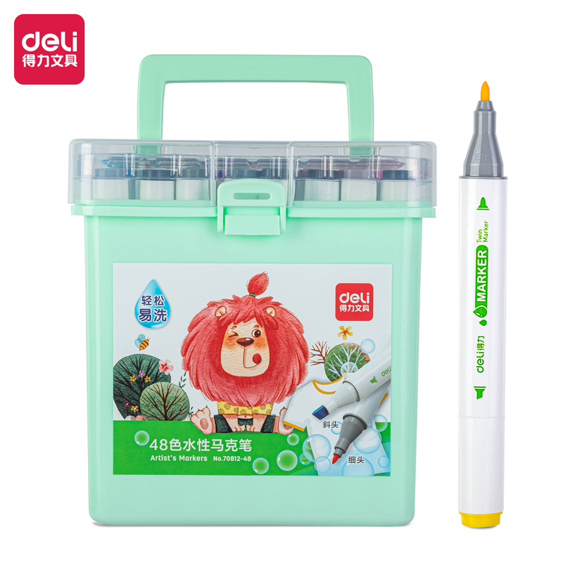 得力deli7081248易洗水性三角杆马克笔混48色桶