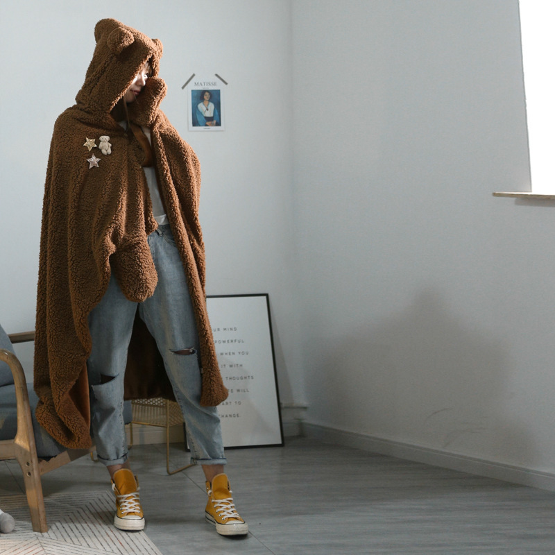 美帮汇秋冬新款羊羔绒连帽斗篷披肩毯法兰绒加厚保暖可穿戴成人披风 咖啡小熊 斗篷110*140帽子32公分年后发