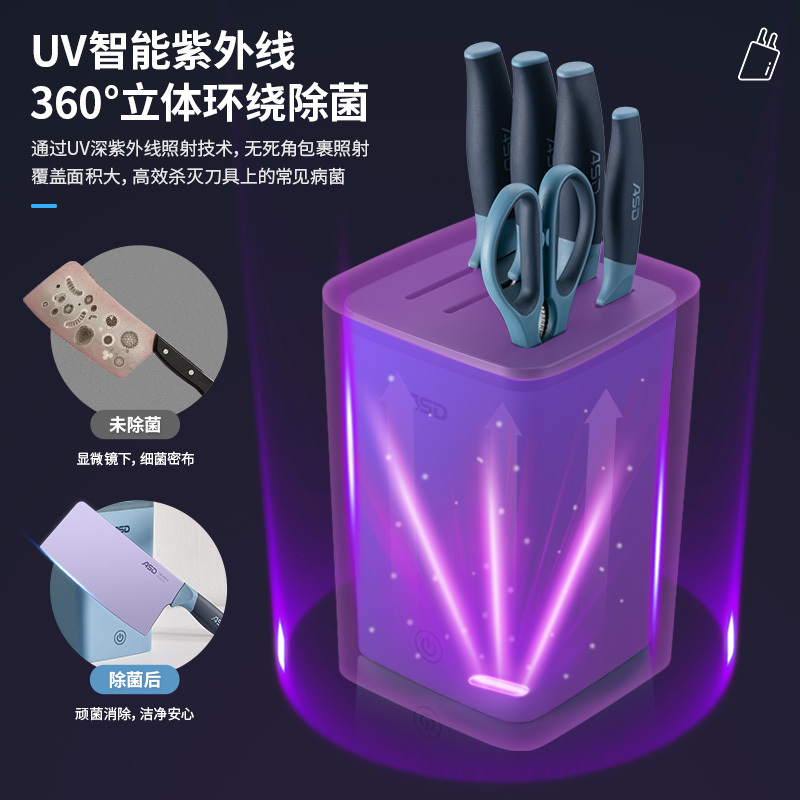 爱仕达 ASD 刀具套装 蓝盾系列杀菌六件套刀菜刀套装 99%除菌率一键杀菌 RDG06S5WG