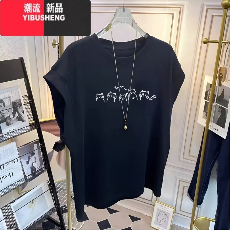 YIBUSHENG小飞袖T恤女2024年季新款胖妹妹200斤大码别致小众无袖背心上衣 黑色简笔猫 L建议115-130斤