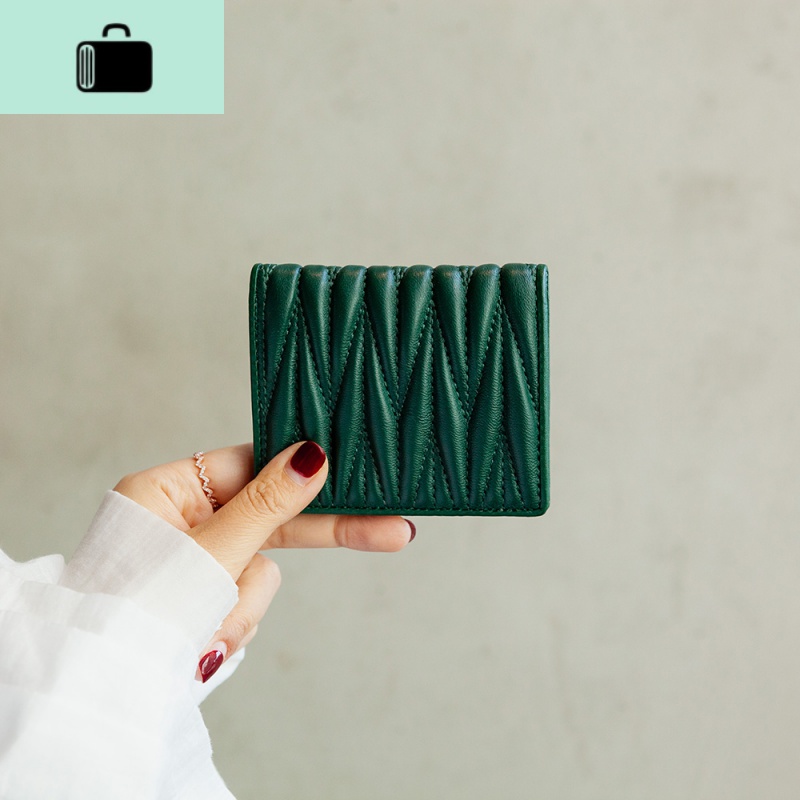 褶皱小羊皮短款钱包女菱格多卡位超薄真皮折叠小钱夹NEWLAKE 绿色真羊皮