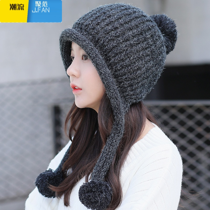聚范帽子女士冬天韩版潮保暖针织帽加绒时尚百搭加绒护耳毛线帽