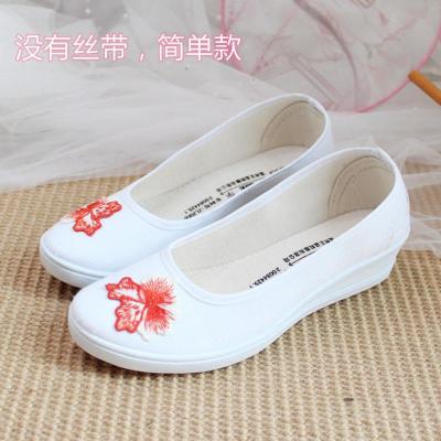 古风汉服鞋子女搭配古装学生舞蹈白色帆布刺绣花平底坡跟绑带cos 叶子款无丝带-红色-坡跟 34 (内长22cm)