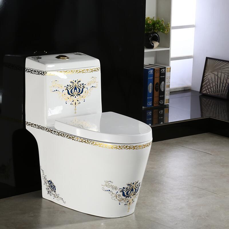 简约欧式彩色马桶家用坐便器防臭节水抽水彩金座便器陶瓷坐厕蓝花款_3 默认颜色 400mm