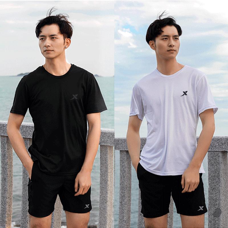 特步运动套装男装两件套2022夏季新款透气速干T恤跑步服健身房训练短袖短裤运动T恤运动裤运动服套装