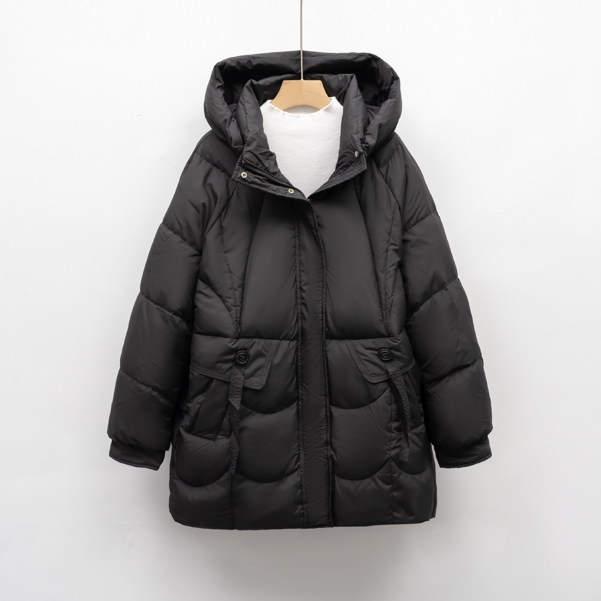 加厚时尚简约连帽保暖时尚冬季外套面包服中长款宽松羽绒服高清大图