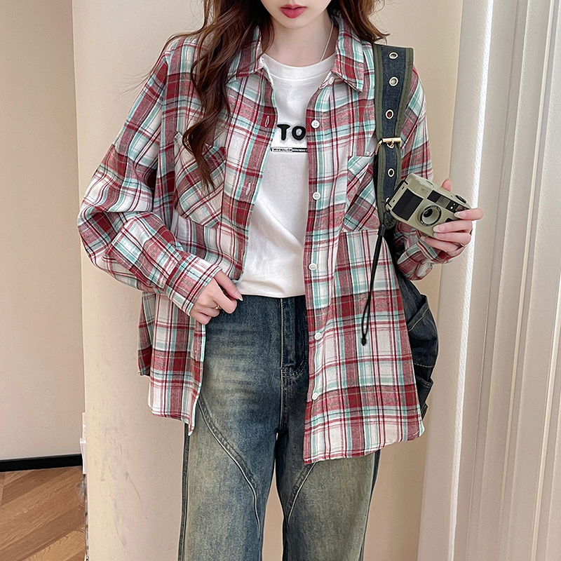 唐狮早秋新款长袖衬衫女时尚撞色休闲百搭格子女士衬衫外套d