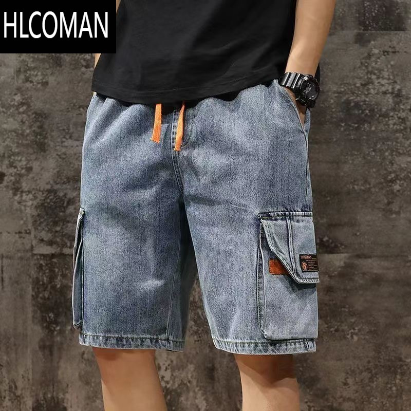 HLCOMAN夏季男士宽松直筒牛仔短裤多口袋烟灰色中裤五分裤耐脏磨工装短裤