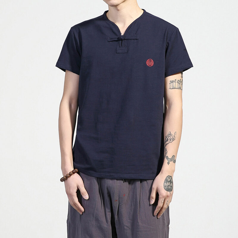 夏季中国风刺绣v领短袖t恤男士大码复古盘扣半袖潮流胖子体恤男装