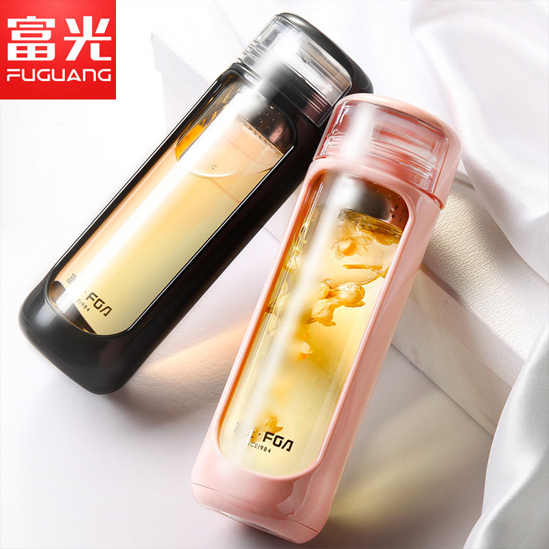 富光(FUGUANG)塑玻杯 FG0113-350 350ML 新品玻璃杯 耐热玻璃水杯 塑玻双层茶杯 创意过滤带盖杯子