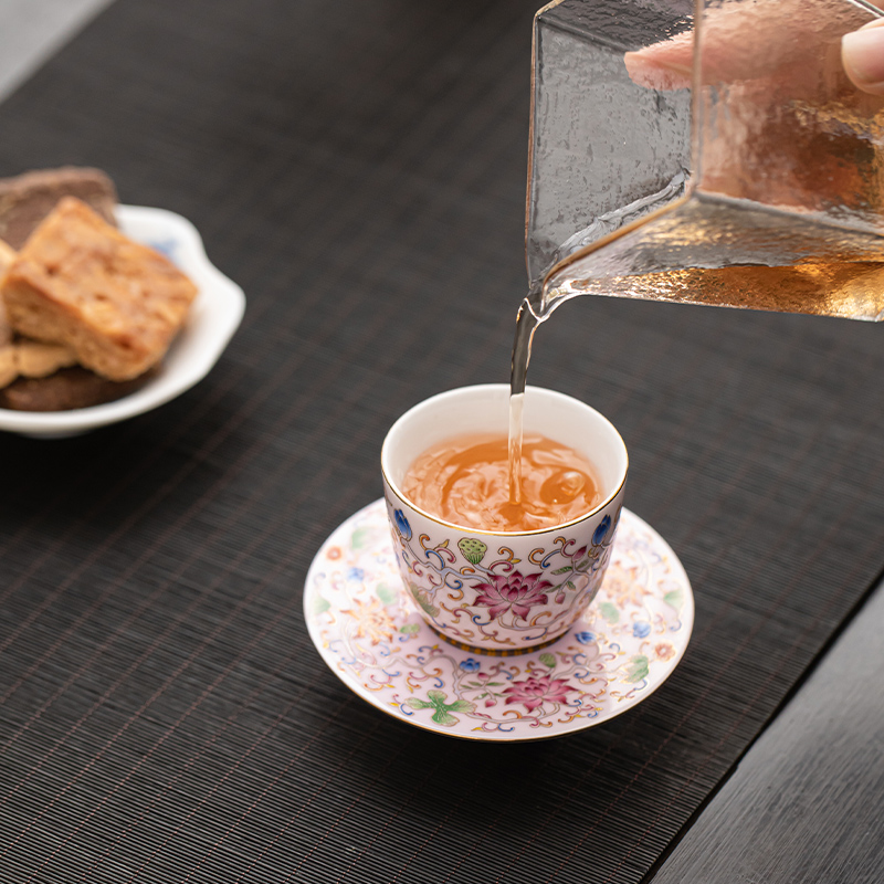 苏氏陶瓷(SUSHI CERAMICS)珐琅彩宫廷风陶瓷个人茶杯茶托礼盒伴手礼(粉)高清大图