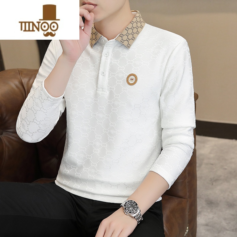 YANXU2023新款秋季长袖翻领T恤男士时尚休闲Polo衫打底衫款男装 185/3XL(170-180斤) YH-3390白色翻领长袖