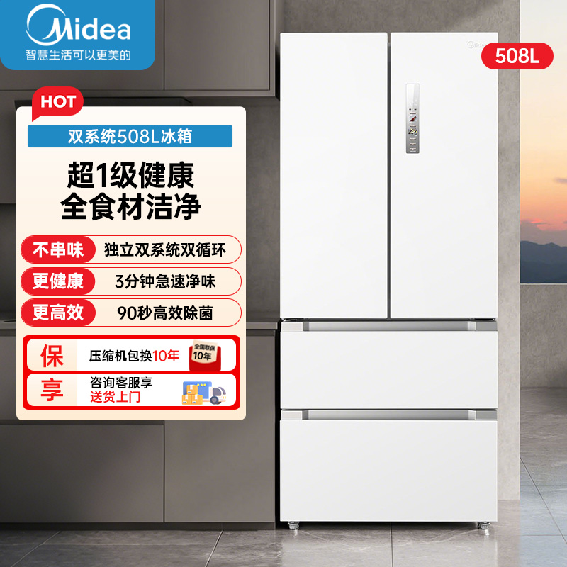 美的(Midea)508升 变频一级能效 法式四开门白色冰箱 家用大容量 BCD-508WTPZM(E)极地白-锦缎高清大图