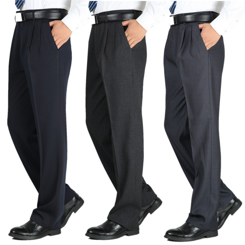 suntek秋冬厚款高腰宽松双褶西裤男免烫父亲西装裤子中老年男士毛西裤