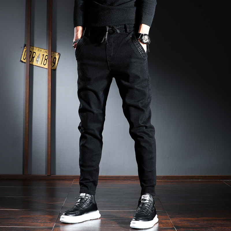 newlake秋冬季磨毛休闲牛仔裤男修身束脚纯黑色斜口袋长裤松紧腰休闲