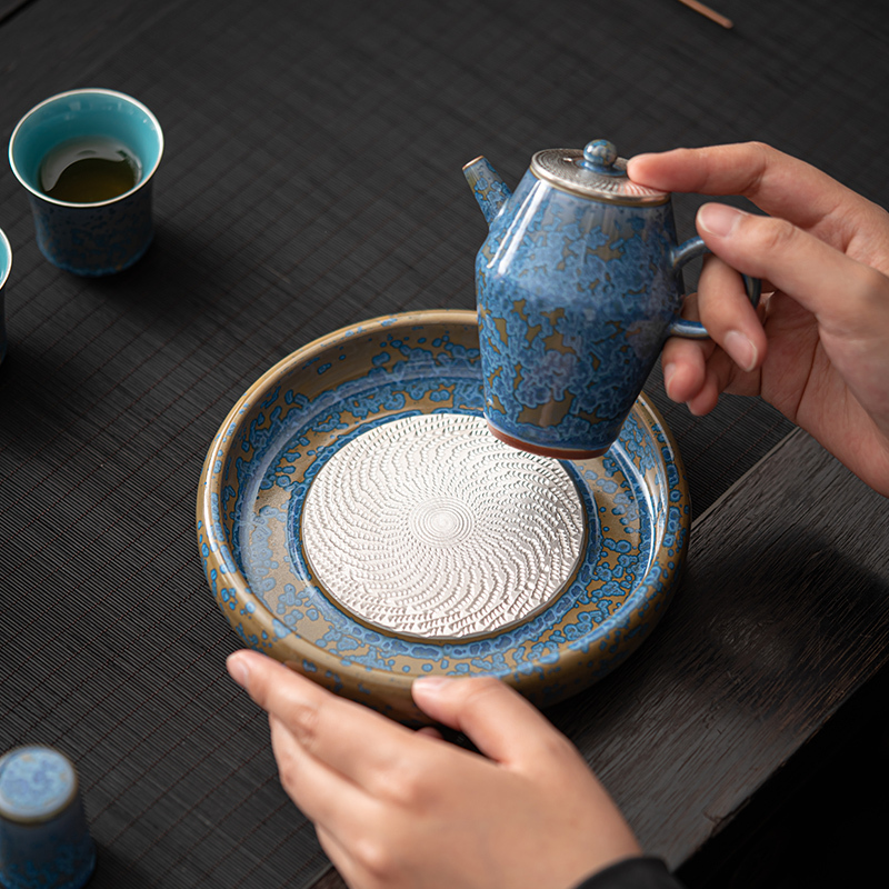 苏氏陶瓷(SUSHI CERAMICS)国礼蓝黛鎏银美人壶盖碗大套装功夫茶具非遗大师郑文强作品