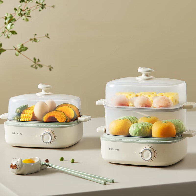 小熊(bear)蒸蛋器 煮蛋器 旋钮定时自动断电双层电蒸锅 家用迷你早餐鸡蛋羹 ZDQ-E12N1 白绿色 / 台