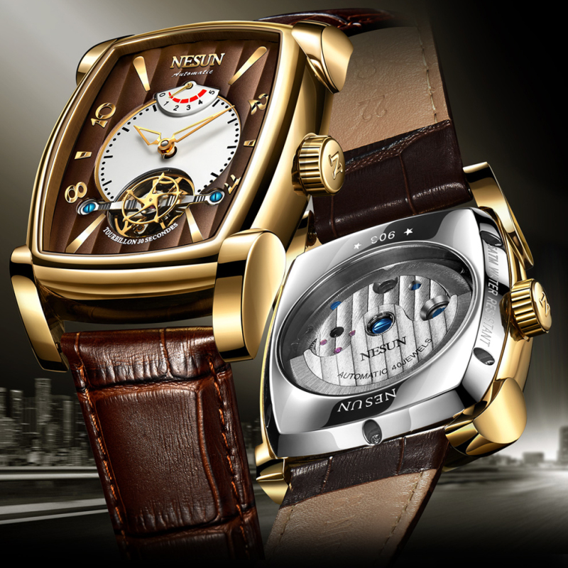 尼尚nesun正品男士手表男表全自动机械表男酒桶型皮革带休闲简约防水