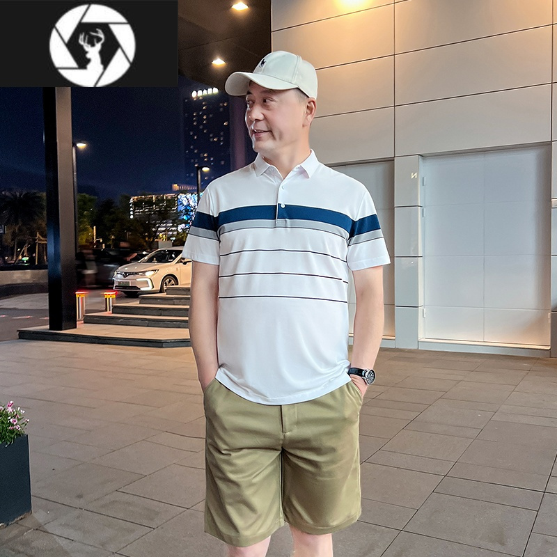 hongzun爸爸装短袖t恤夏季中年人夏装半袖翻领中老年条纹上衣男士polo