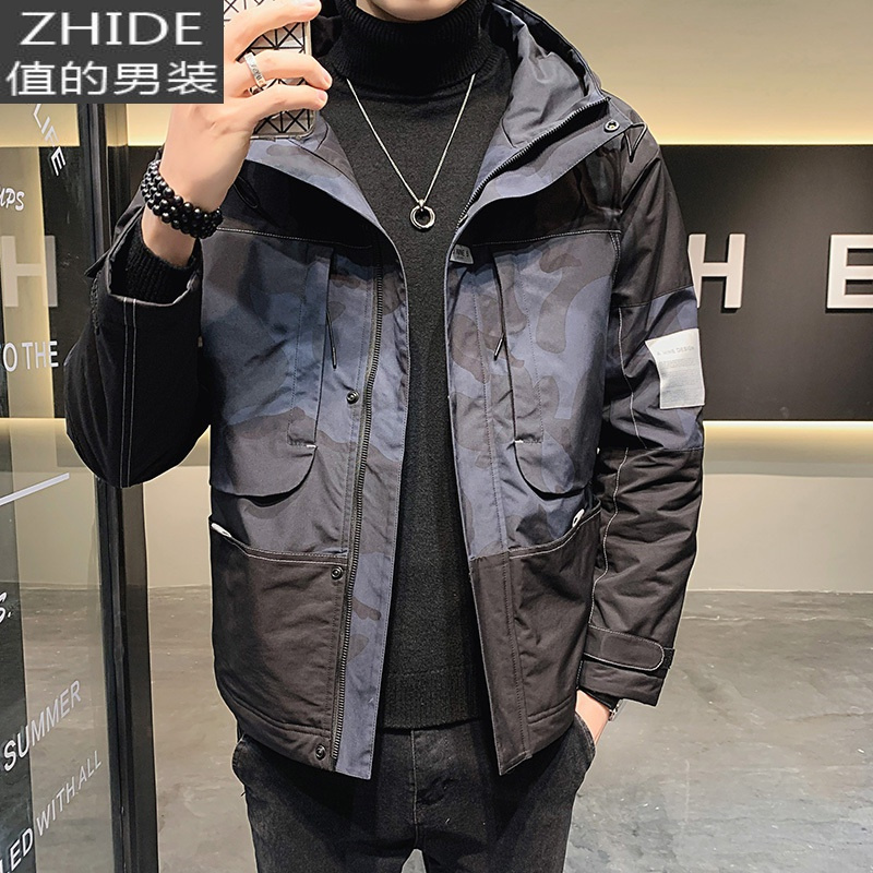 SUNTEK秋冬季男士棉服加厚迷彩工装2020年新款潮牌棉袄连帽春装外套上衣夹克