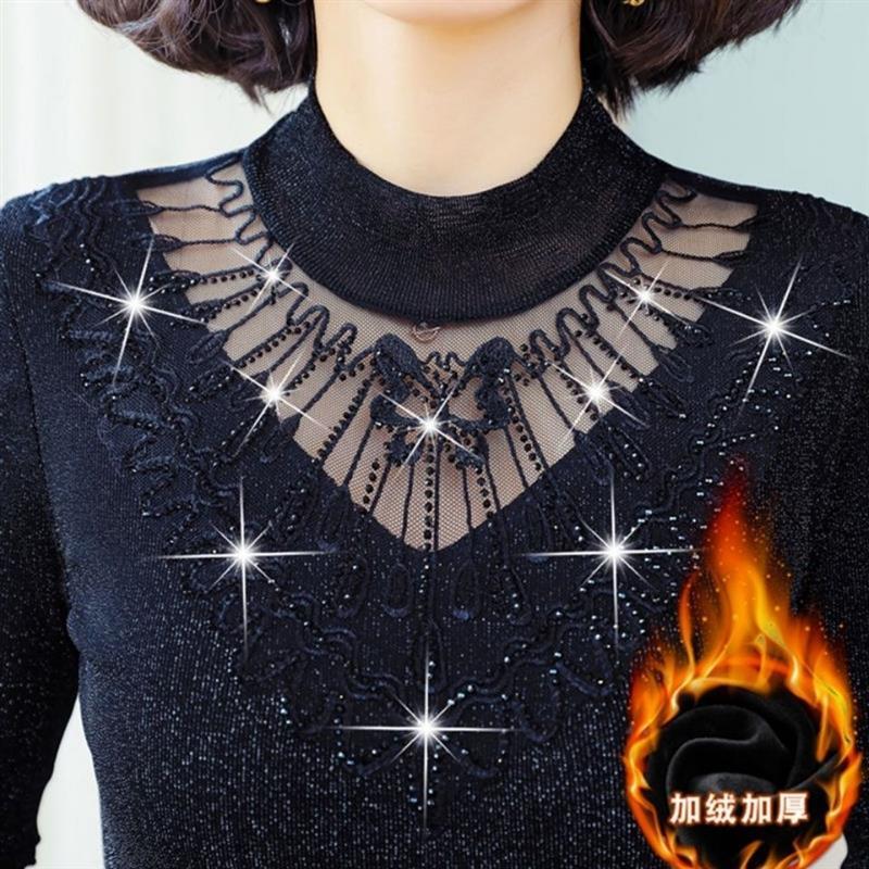 加绒/不加绒打底衫女长袖网纱t恤女小衫秋冬新款保暖蕾丝上衣