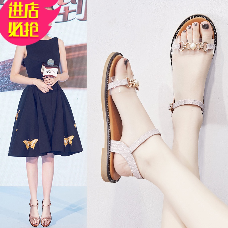 金三志2021年夏季新款百搭网红仙女风搭配裙子凉鞋女平底简约水钻罗马鞋凉鞋