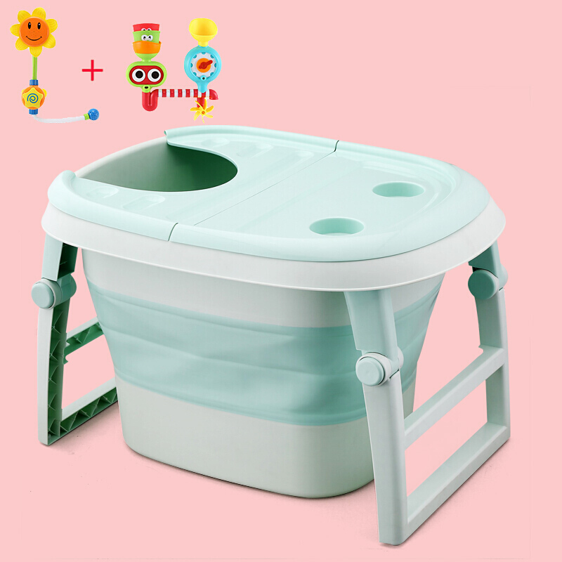 婴儿洗澡盆宝宝浴桶可折叠儿童洗澡桶沐浴盆可坐躺新生儿用品游泳绿色浴桶可伸缩_3 绿色浴桶加花洒加转转乐可伸缩