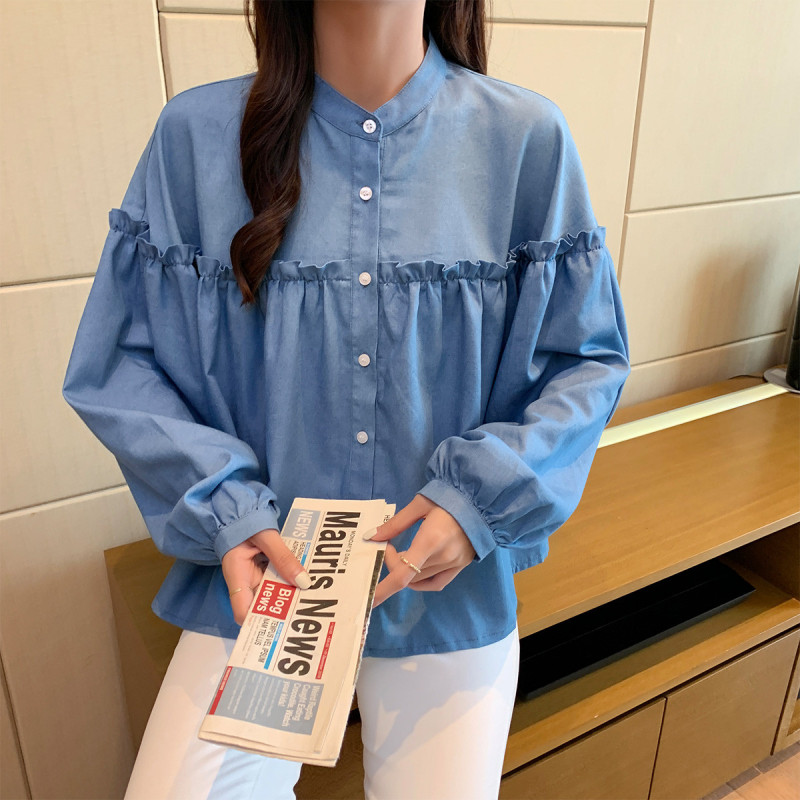 唐狮秋季衬衫女荷叶边分割长袖衬衣气质淑女纯色上衣百搭
