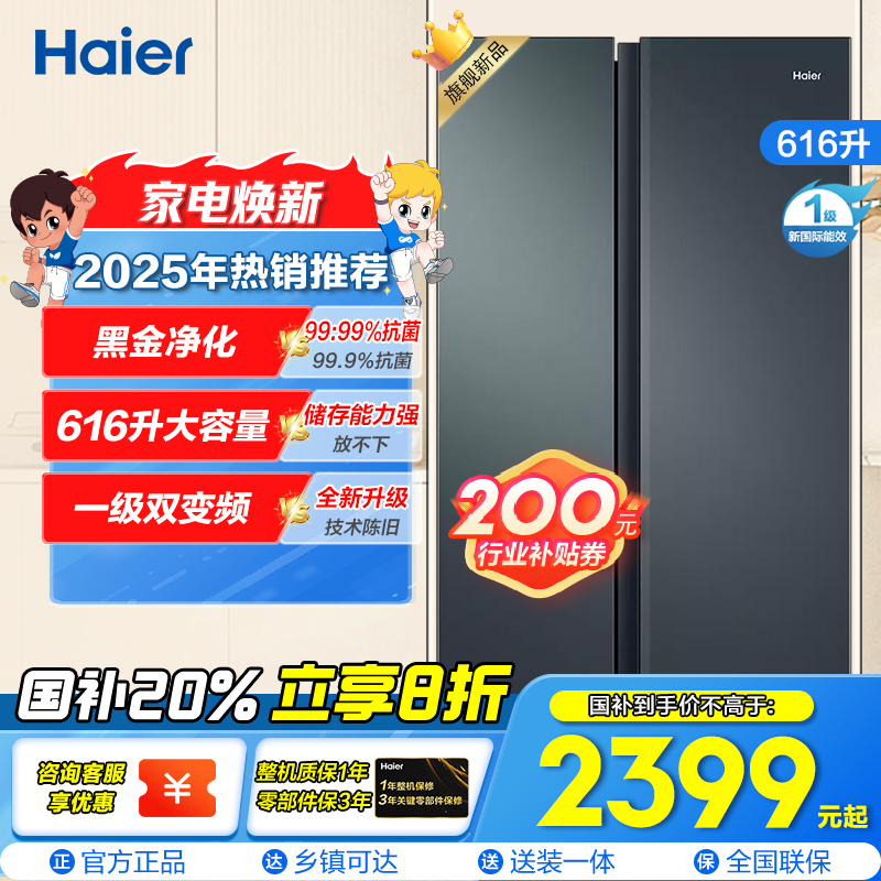 海尔(Haier)616升大对开门冰箱 一级变频 风冷无霜 黑金净化杀菌大容量冰箱BCD-616WGHSSEDC9