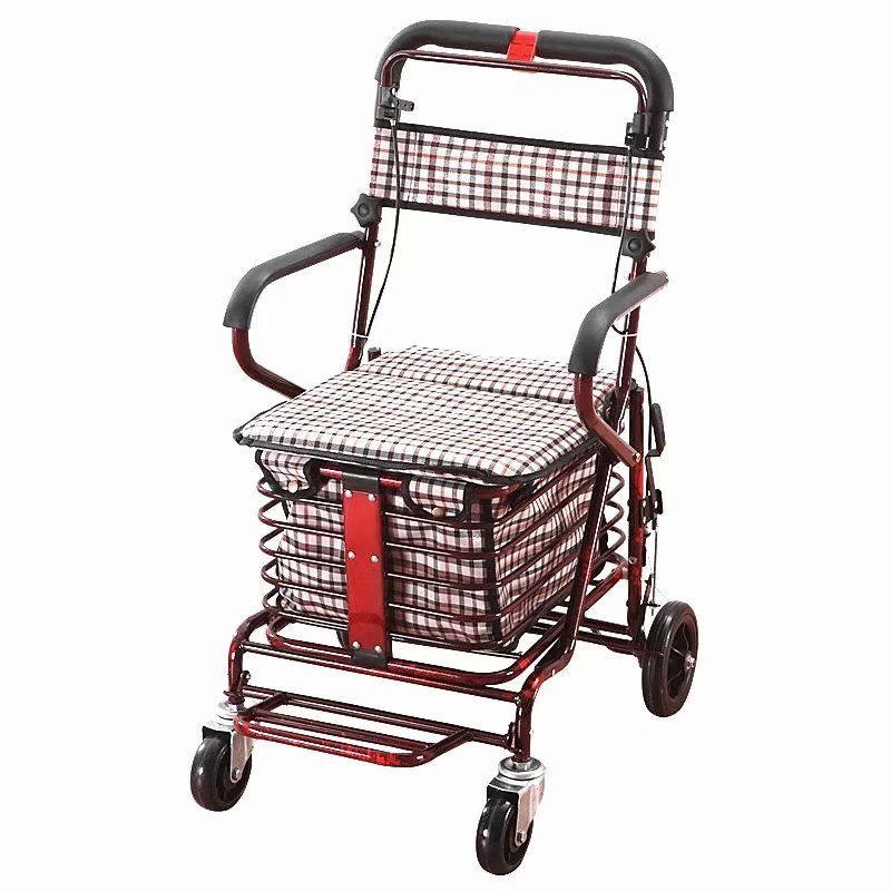 老年代步车折叠座椅可坐四轮买菜助步可推小拉车老人手推车酒红色万向