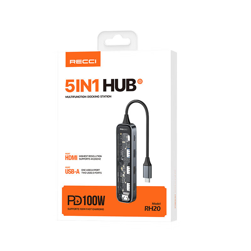 RECCI锐思RH20五合一HUB支持PD100W数据线转接口Type-C TO HDMI+ USB-A+USB-C高清大图
