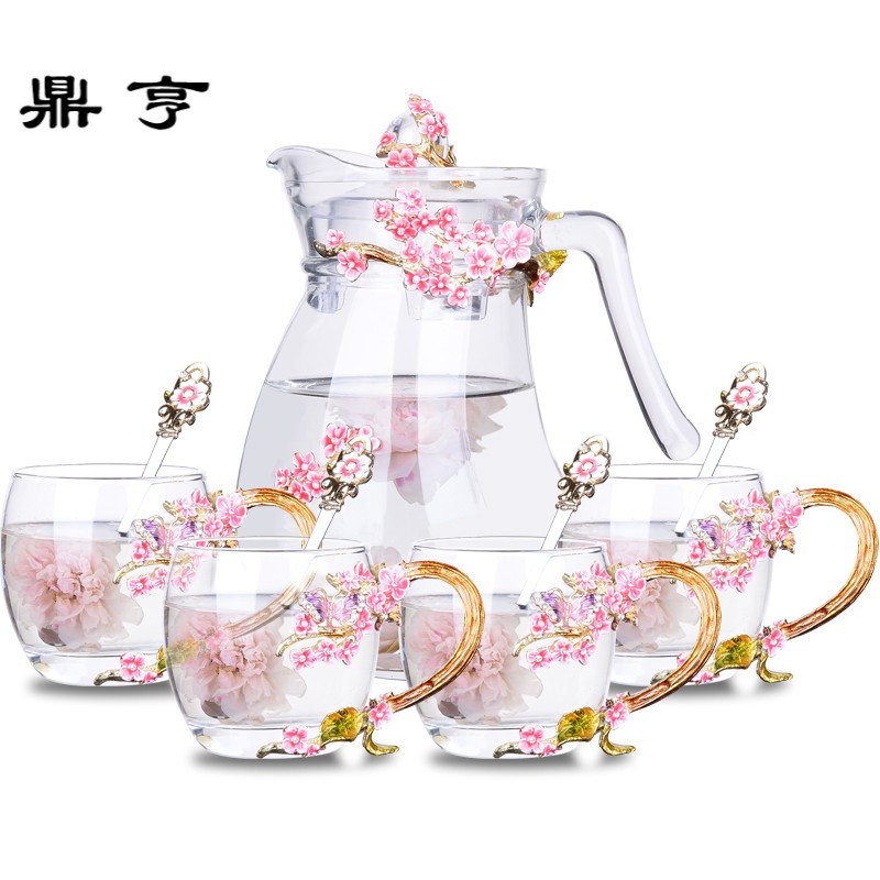 鼎亨创意粉兰梅珐琅彩花茶杯果汁杯子家用耐热玻璃水杯咖啡杯