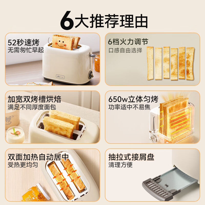小熊(bear)面包机 多士炉早餐烤吐司机 烤面包片2片家用多功能轻食机 6档烘烤带防尘盖DSL-C02K8高清大图
