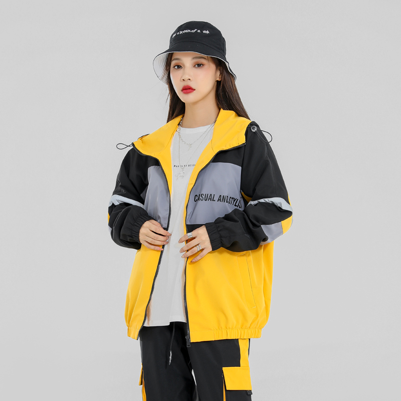 Manloric外套女2022春季潮流宽松连帽时尚拼色运动夹克ins休闲学生上衣潮85222
