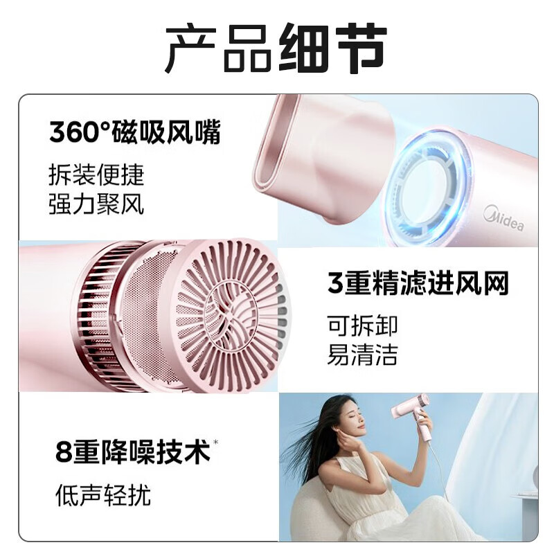 美的(Midea)高速吹风机 家用吹风筒 大功率/高浓度负离子护发/大风力速干电吹风FG3-星光粉 节日/生日礼物推荐高清大图