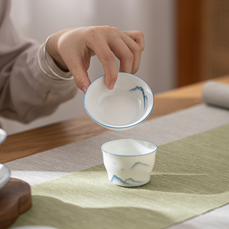 苏氏陶瓷(SUSHI CERAMICS)手绘画江山羊脂玉瓷盖碗套组非遗老师苏爱珍作品