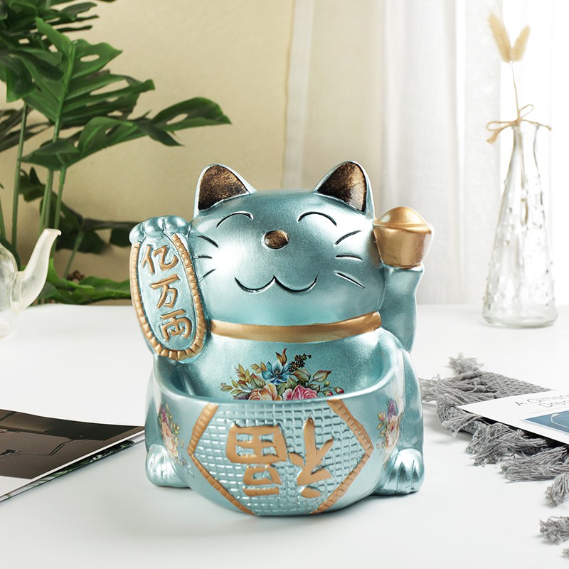 猫摆件欧式美式家居酒柜玄关装饰品鞋柜钥匙收纳盘创意礼品 三维工匠 湖水蓝猫_324
