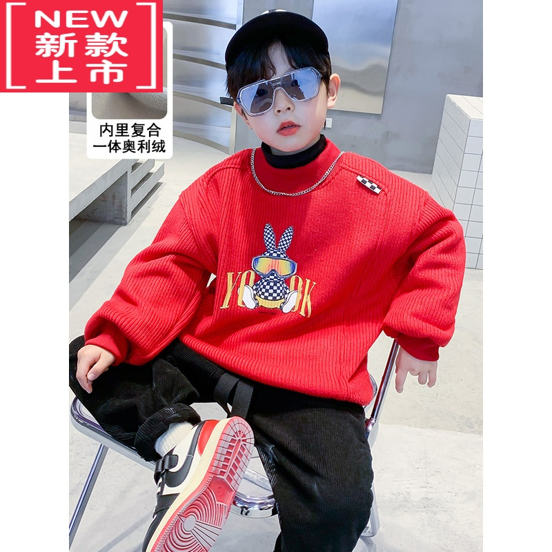 可莉允男童冬装拜年服儿童加绒毛衣2023兔年本命年衣服冬季毛衣加厚红色