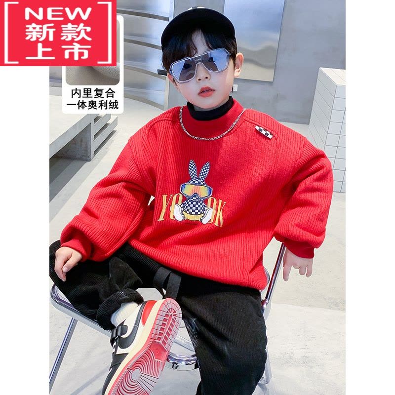 可莉允男童冬装拜年服儿童加绒毛衣2023兔年本命年衣服冬季毛衣加厚红色图片