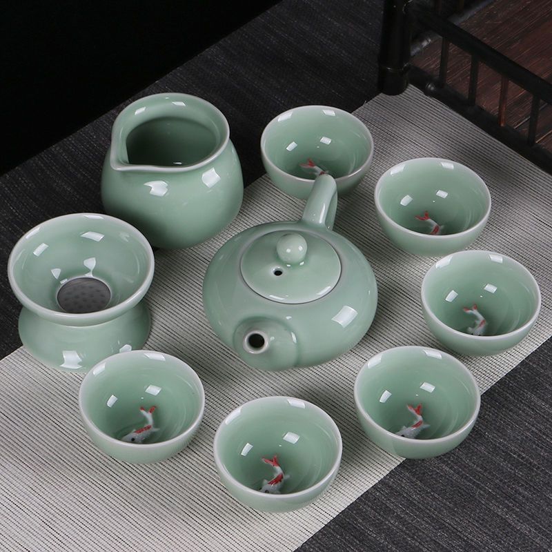 苏宁放心购青瓷茶具套装功夫茶具盖碗茶杯带鱼茶壶泡茶器整套
