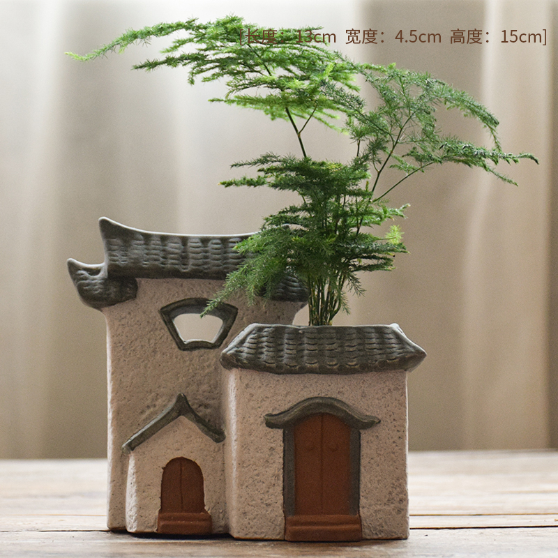 禅意陶瓷小花瓶家居创意茶道茶艺摆件桌面客厅新中式小花盆装饰品 三维工匠 C款.清音小楼+绿植+白瓷小生高清大图
