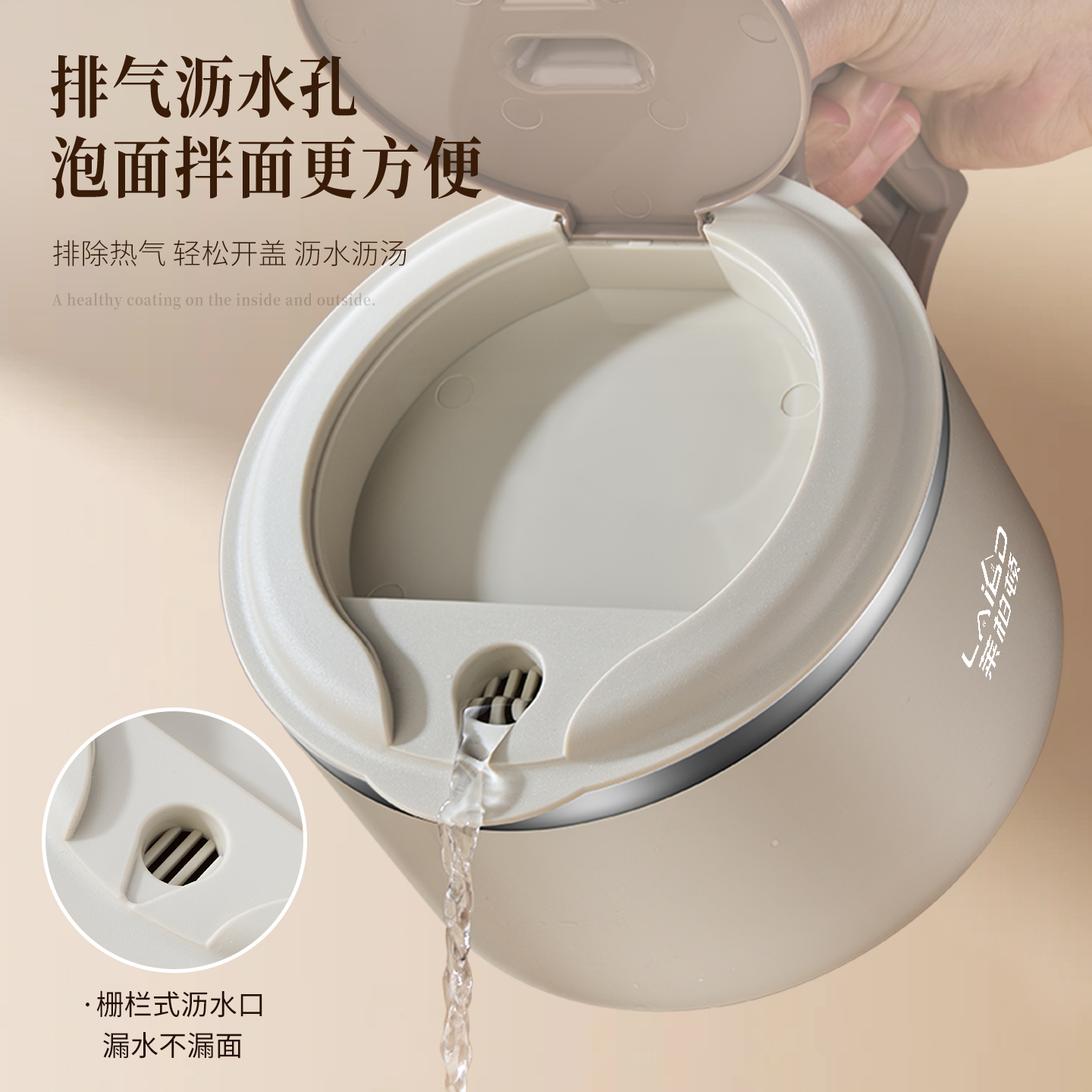 莱柏顿316L不锈钢泡面碗学生宿舍带盖可沥水面碗食堂打饭神器折叠柄饭碗高清大图