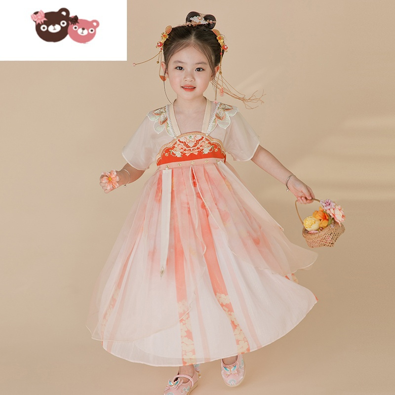 绿彩虹光汉服女童夏款短袖超仙中国风连衣裙宝宝改良唐制古装儿童古风