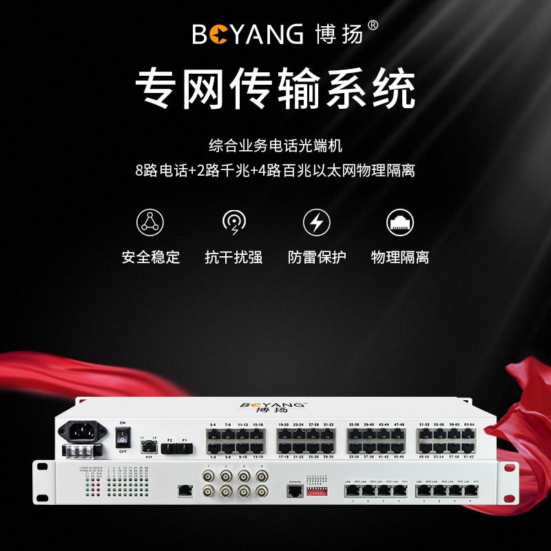 博扬 综合业务电话光端机 8路电话+2路千兆+4路百兆以太网物理隔离 LC单纤60km 机架式1对BY-8P2Gv4Fv