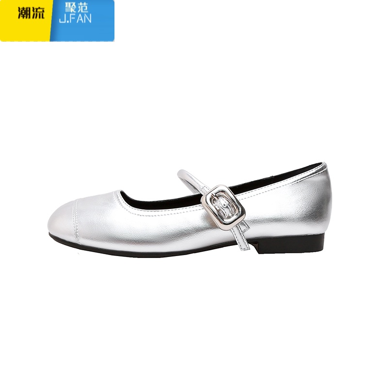 聚范皮版~银色玛丽珍鞋女2024夏季新款清冷百搭浅口平底单鞋配裙子高清大图
