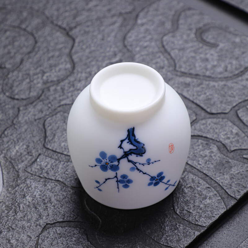 拓牌 素烧手绘羊脂玉瓷品茗杯 五福梅花 TP052高清大图